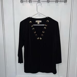 Michael Kors womens gold grommet deep vneck blouse black size M